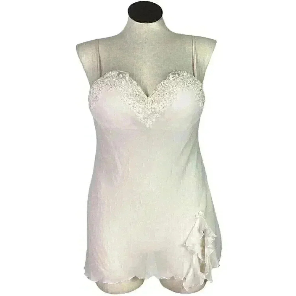 Linea Donatella Womens L Sheer Babydoll Nightie Pink Beaded Sequined Lace Bride